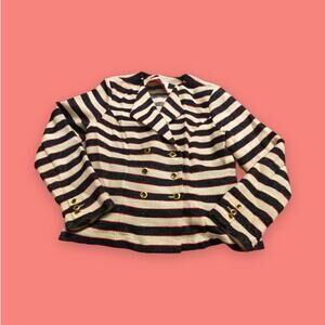 CAbi Love Carol Collection Navy Cream & Red Striped Cotton Knit Pea Coat Size 10